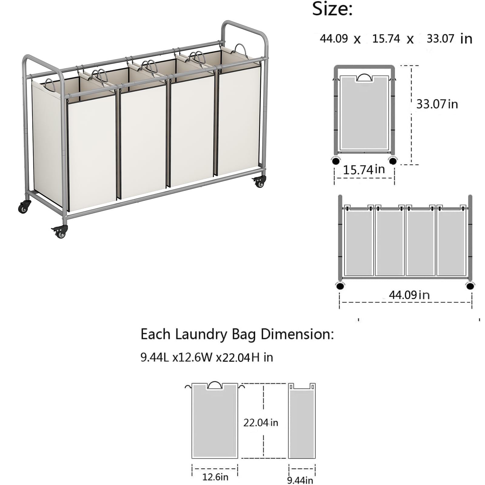 LINZINAR 4 Bag Laundry Basket Sorting Machine Cart with Rolling Lockable Wheels & Detachable Waterproof Bags Large Capacity Oxford Material Easy Assembly
