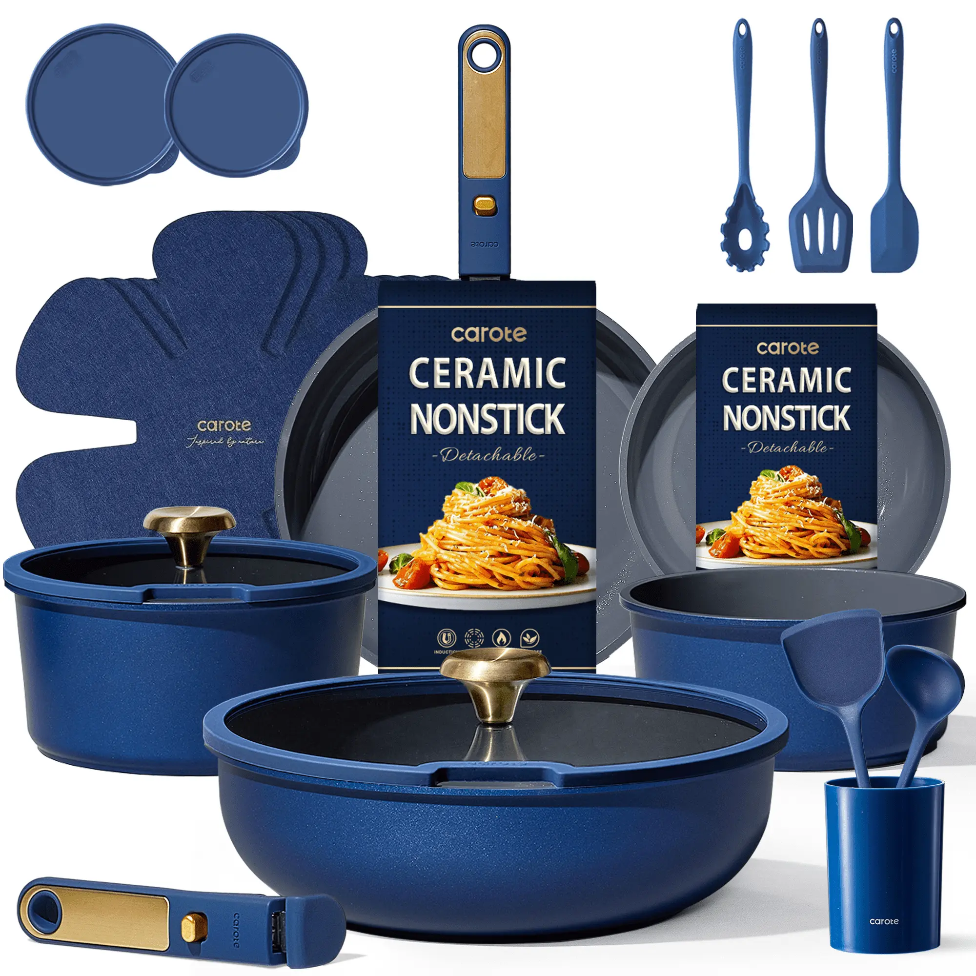 CAROTE 21-Piece Ceramic Cookware Set , Nonstick Pots and Pans Set with Detachable Handle and Lids, Induction Compatible, Black