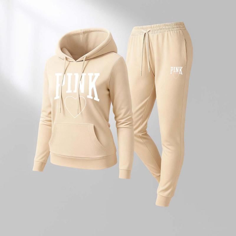 Women's Pink Heart Print  Hoodie And Drawstring Track Pants Set, Casual Sportswear, Long-Sleeved Hooded Jacket And Pants, Suitable For Autumn And Winter, Everyday Wear, Indoor And Outdoor Sportswear, Casual Sportswear.