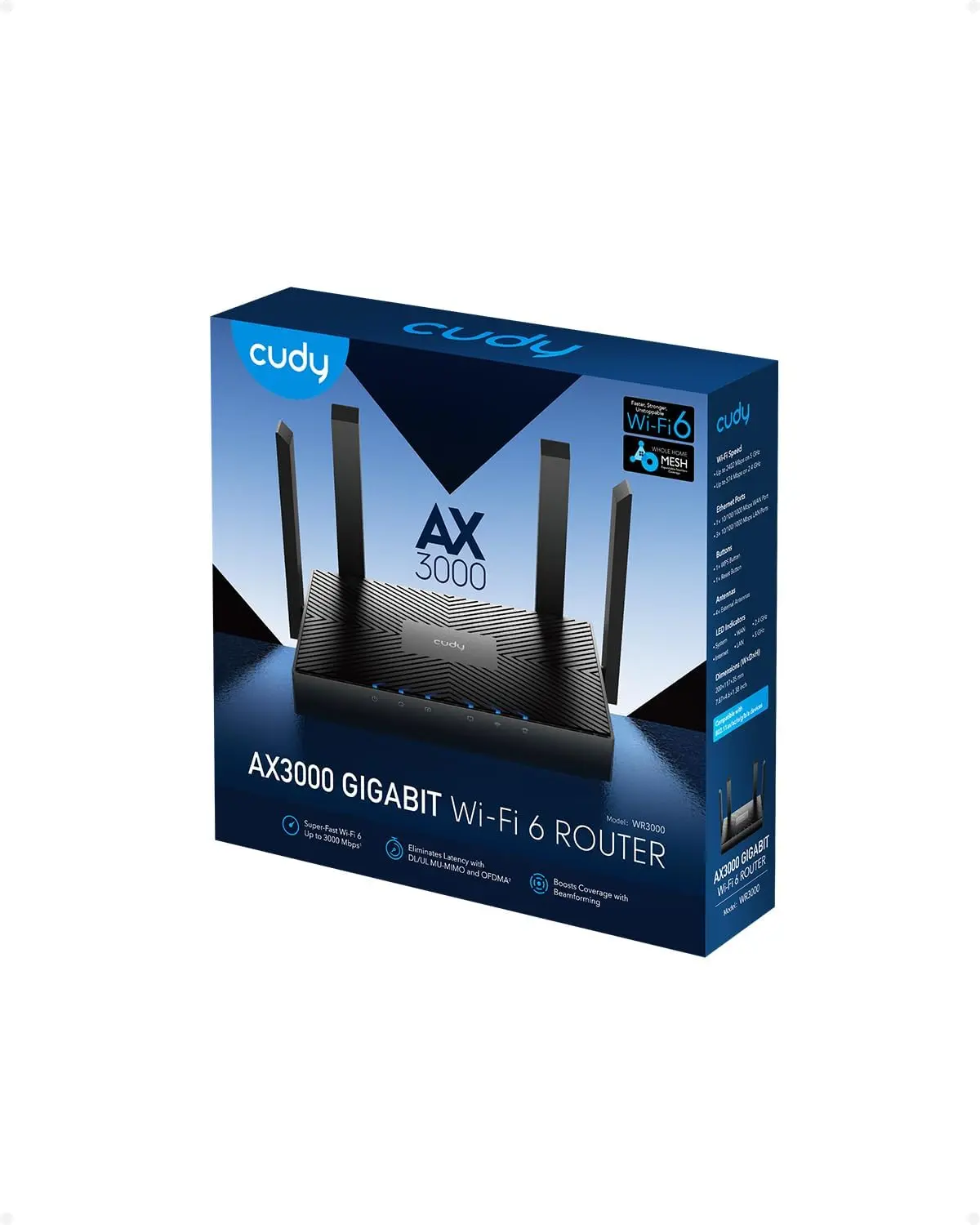 AX3000 WiFi 6 Router - 802.11ax Dual Band Gigabit Wireless Internet Router for Laptop, Home/Biz Use, VPN Compatible, MU-MIMO, WireGuard, Cudy Mesh Compatible with Mesh Roaming WR3000 V2.0