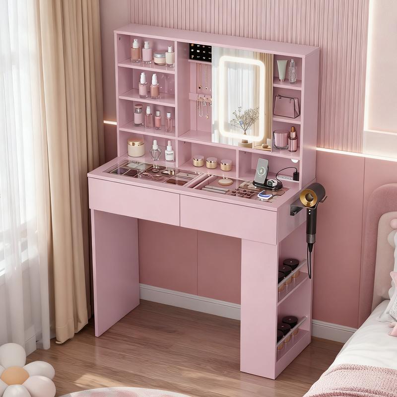 Ktaxon Vanity Table with RGB Lights & 3-Tone Dimmable Bulbs - Glass Top Dresser with 3 Drawers, 2 Glass Doors & 2 Side Shelves | Built-in Power Strip, Hair Dryer Holder