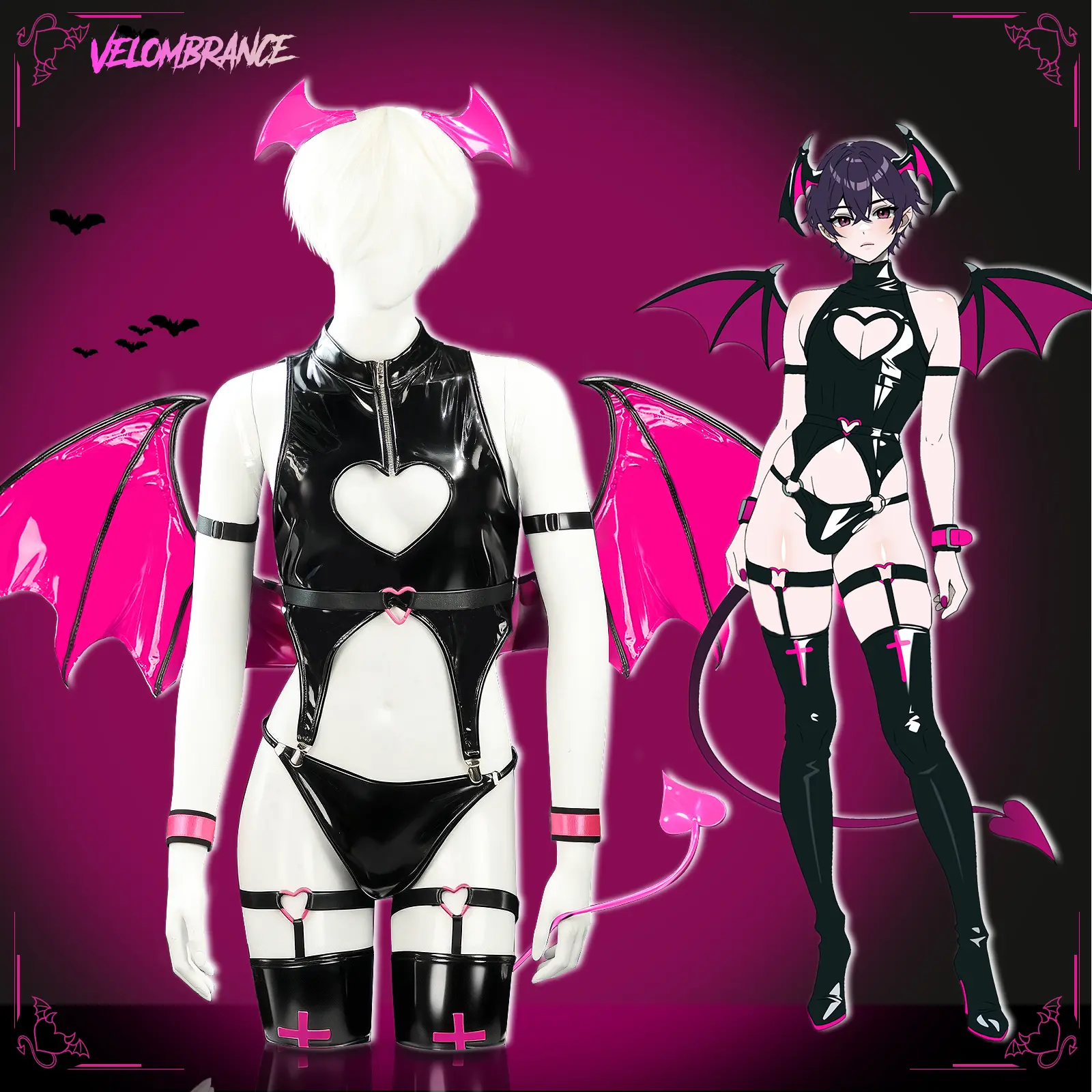 KORURACLUB Men's Stretchy Glossy Leather & Fabric Cutout Heart Demon Bodysuit 7-Piece Cosplay Set, Halloween Special Occasion Costume with Matching Belt, Reflective Accessories, AS32