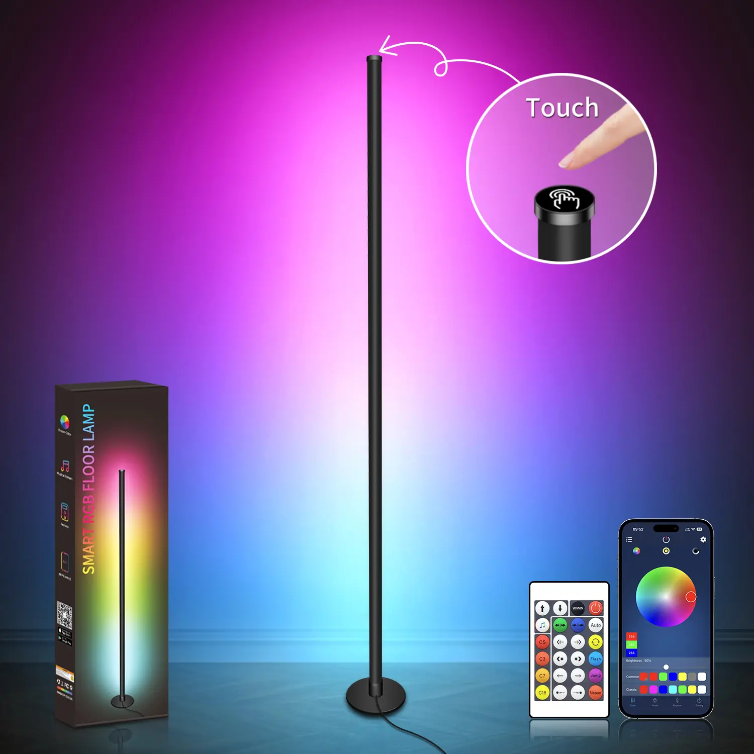 WEDEESUN Smart Floor Lamp - Remote Control, App-Enabled, Top Touch Controls, Adjustable RGB Lighting, Adjustable Lighting Modes, RGB Atmosphere Light for Living Room, Gaming Room Home Decor, Lighting Modes Adjustable