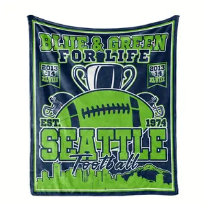 1pc Blue Green Seattle Football Fleece Blanket Ultra Soft Machine Washable Vibrant Sports Themed Design EST 1974 Text Perfect Gift for Fans Birthdays Christmas Valentine's Day Home Decoration