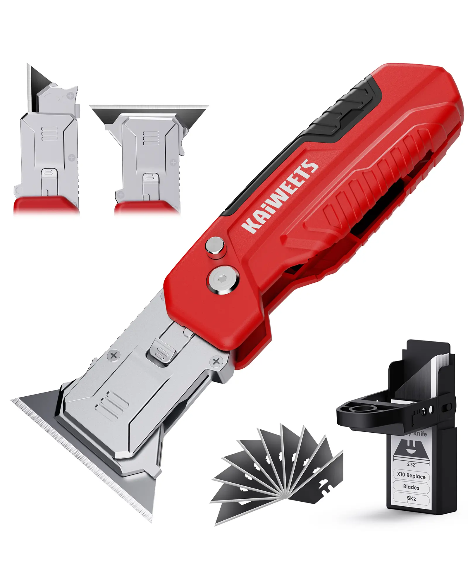 KAIWEETS 2-in-1 Utility Knife Scraper,Folding Utility Scraper Tool,Heavy-Duty Zinc Alloy Body, SK2 Black Blade Storage & Replacements, Razor Blade Scraper, Cardboard Cutter, EDC Tools and Gadgets for Home, Office