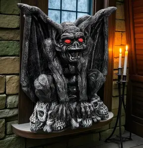 Gargoyle Stone Concrete Statue 20in Large Winged  Outdoor Decor, Sitting Gargoyle Monster