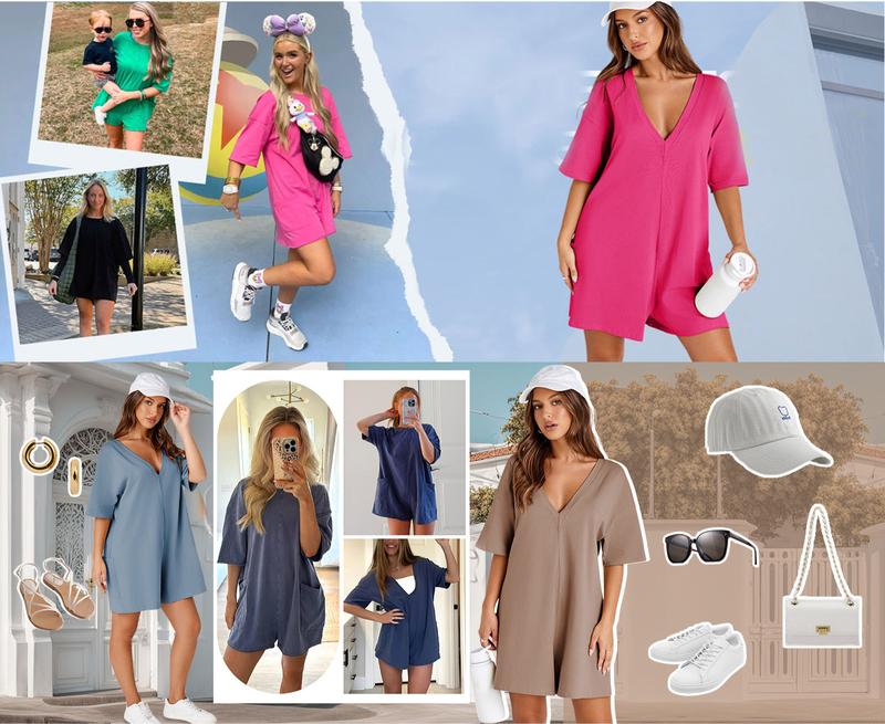 Kingapril Women's Oversized Rompers Back V Neck Jumpsuits Casual Athletic Workout Tee Onesie Activewear with Pockets