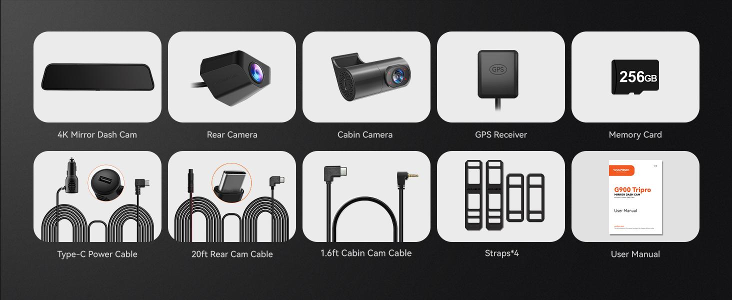 WOLFBOX G900 Tripro 4K Rear View Mirror Camera STARVIS 2 IMX678 3 Channel 4K+1080P+2.5K Front Inside Rear Dash Cam 5.8GHz WiFi Voice Control 256GB Card