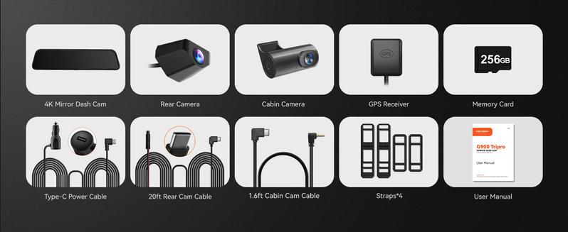 WOLFBOX G900 Tripro Cabin Version 3 Channel 4K Rear View Mirror Camera STARVIS 2 IMX678 Night Vision 4K+1080P+2.5K Front Inside and Rear Mirror Dash Cam 5.8GHz WiFi Voice Control Includes 256GB Card TikTokShopHolidayHaul