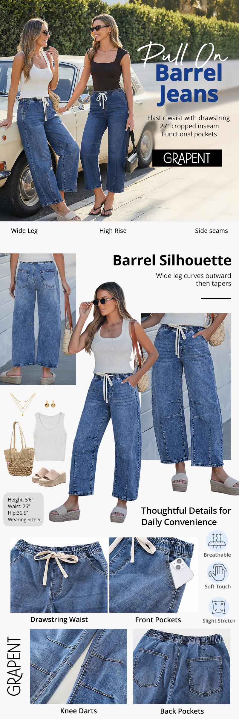GRAPENT Barrel Jeans for Women Trendy High Waisted Cropped Baggy Wide Leg Pull On Elastic Waist Stretchy Denim Pants
