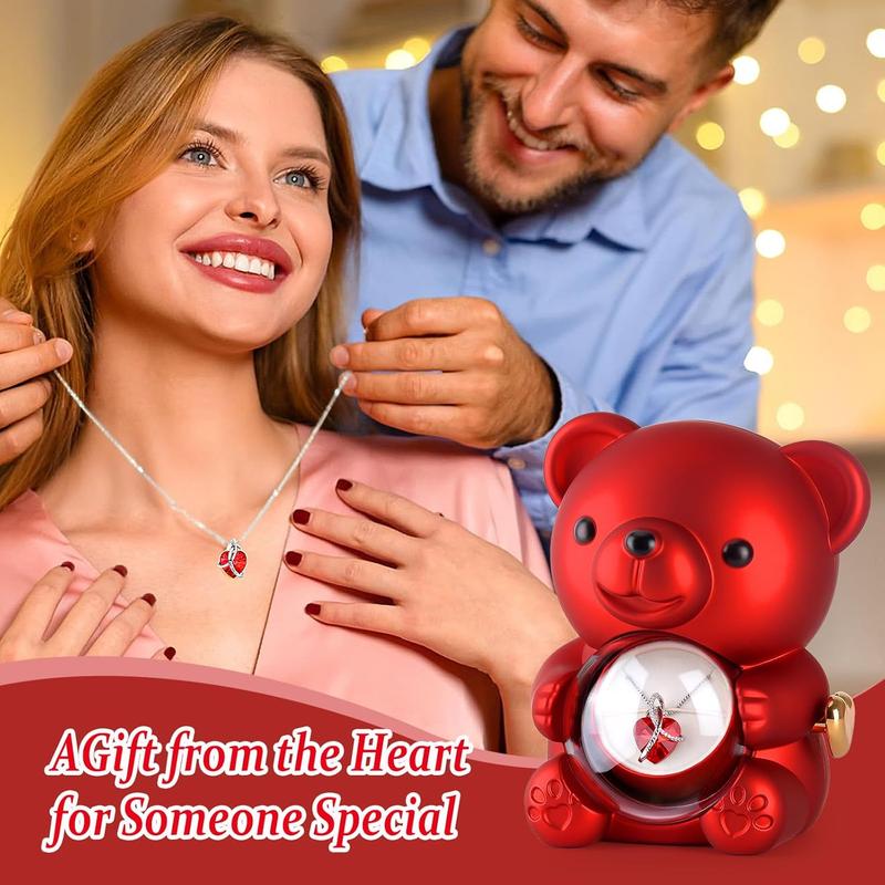 Cute Teddy Bear with Preserved Rose,Eternal Flowers Rotating Rose Box with Necklace Romantic Gift for Her in Valentine's Day, Mother's Day,Weddings,Anniversaries,and Bridal Showers