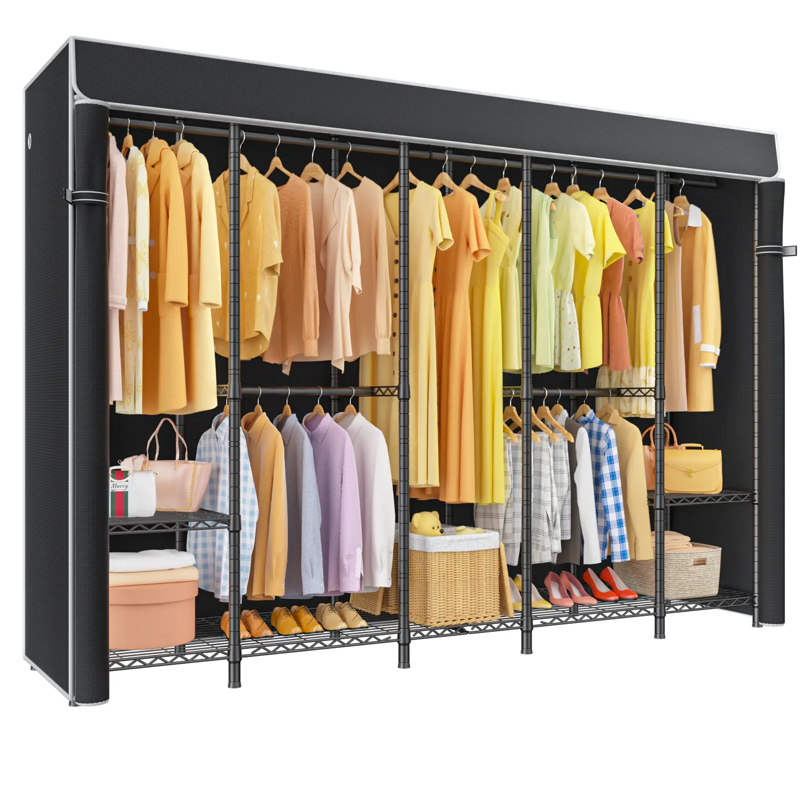 H50C Extra Large Clothes Rack with Cover, Freestanding Portable Closet, Covered Clothing Racks for Hanging Clothes, Heavy Duty Garment Rack, Wardrobe Closet with Black Cover Max Load 1350 Lbs