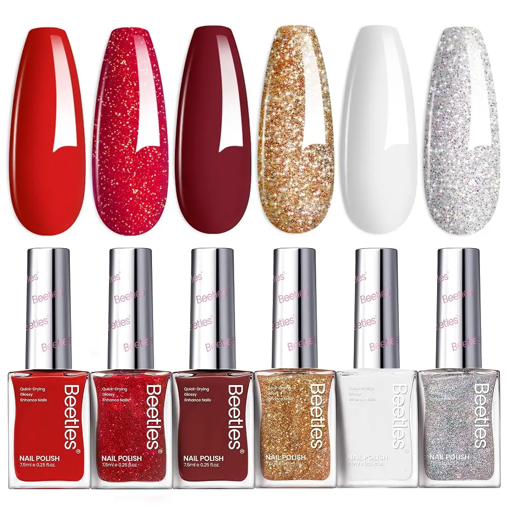 Beetles Christmas Nail Polish Set -  Glitter Burgundy Red Sparkle Nail Polish Set, Quick Dry & Long Lasting Brilliant Overture White Silver Diy 4th of July Nail Art Design Christmas Gifts for Women