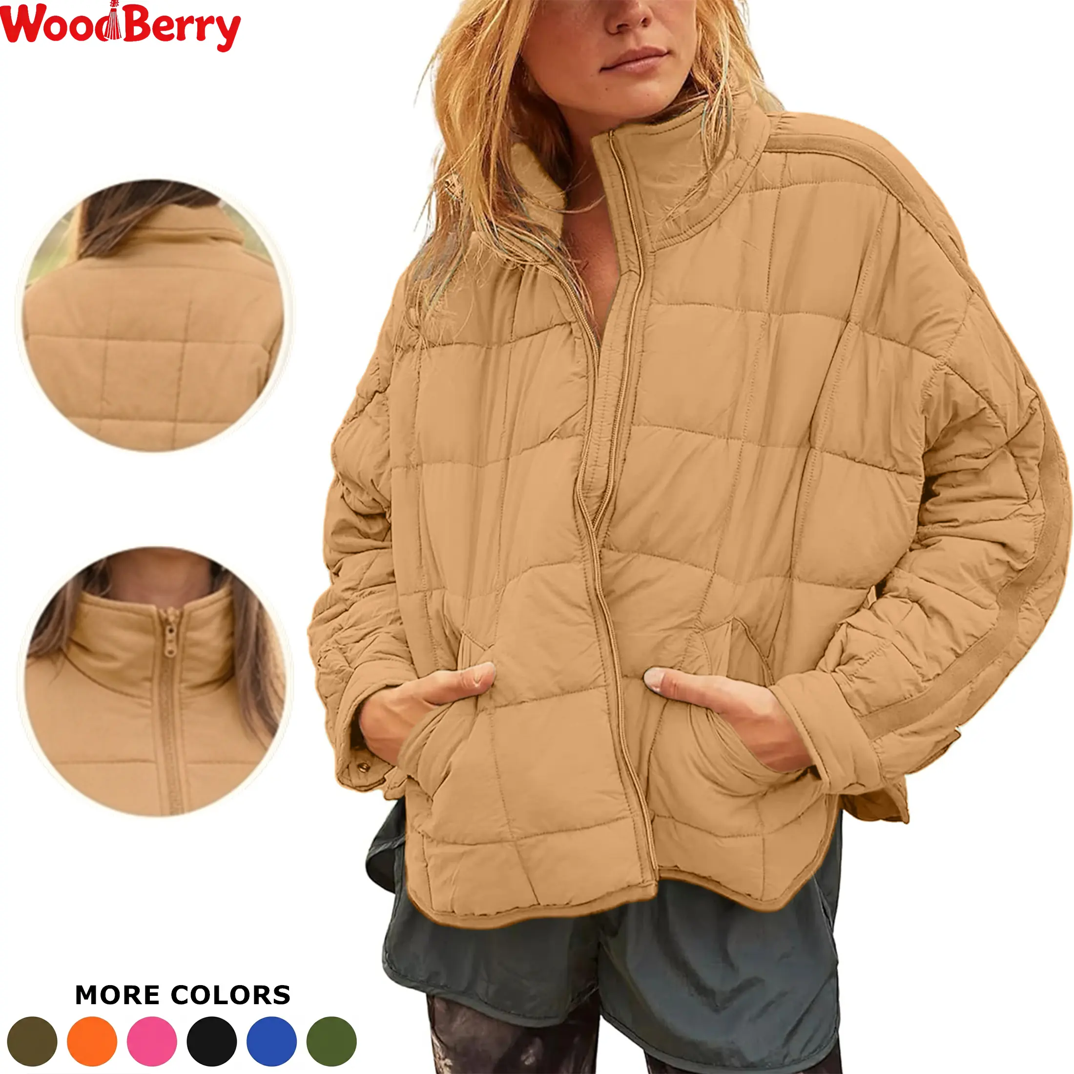 WoodBerry Women's Minimalist Basic Long Sleeve Quilted Puffer Jacket - Lightweight Zippered Short Padded Coat with Snap Button Cuffs, Pockets, Oversized Fit