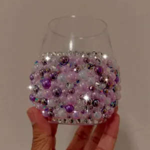 Purple, Pink, White Rhinestone and Pearl Mix Stemless Wine Glass 18oz Plastic Cup with Pearl Rhinestone Mix Elegant Party Drinkware for Festive Occasions.