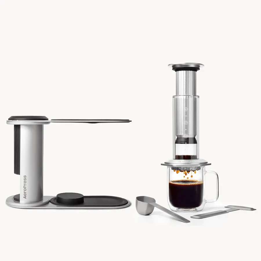 AeroPress Premium Coffee Press and Coffee Station Bundle, Glass, Stainless Steel & Aluminum Coffee Maker, All-in-One French Press, Pour-Over & Espresso Style Manual Brewer, 2 Min Brew for Less Bitterness, More Flavor, Silver