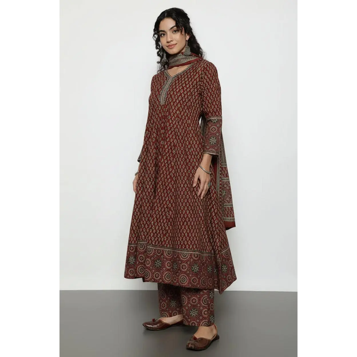 Women's Maroon Ajrak Printed Cotton Anarkali Kurta Palazzo Set with Dupatta - V-Neck Stitched, Traditional Ethnic Clothes with Pants, Comfortable Fabric for Party & Everyday Wear