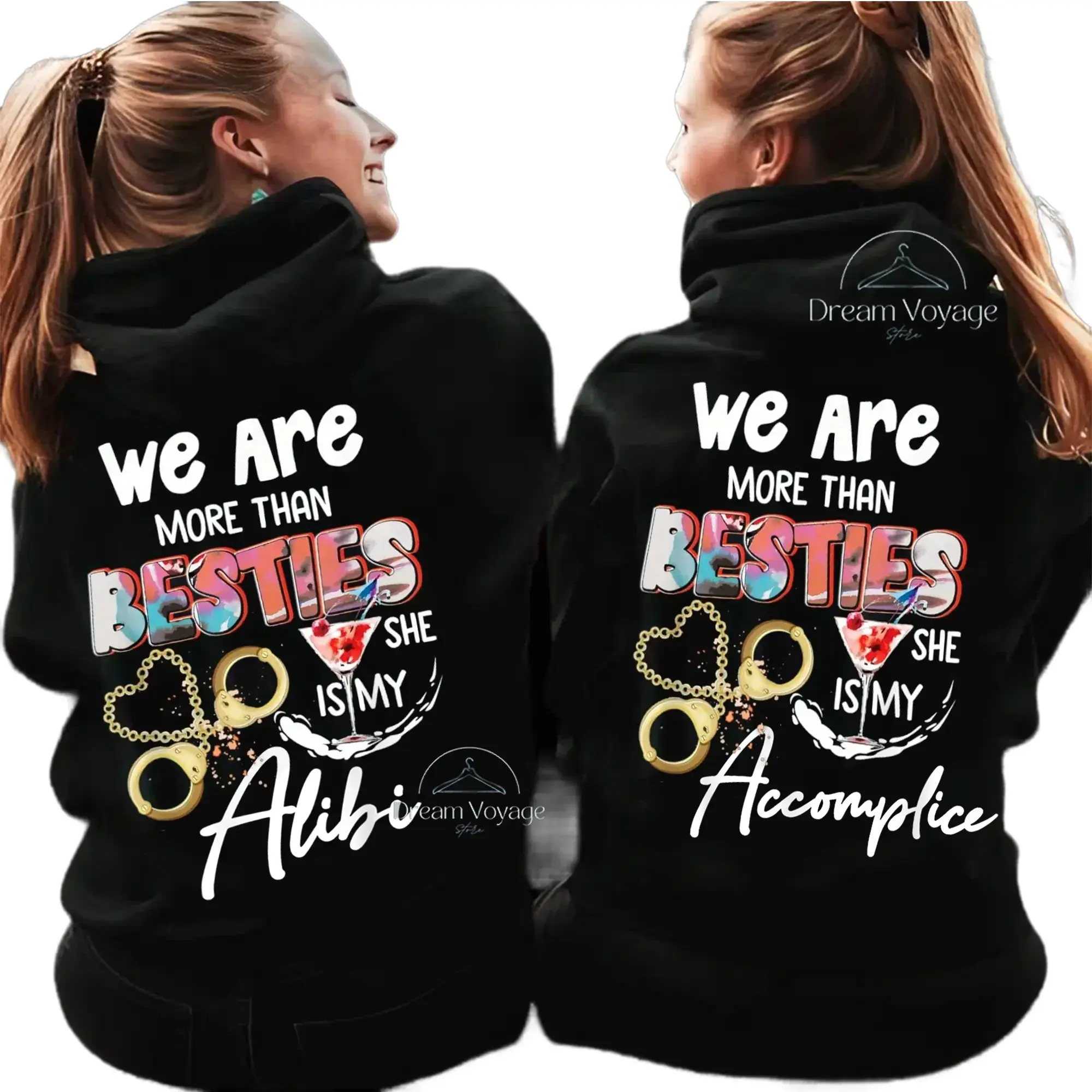 Women's Long Sleeve Pullover Hoodie - Ribbed Seamless Cotton Tops, "We Are More Than Besties" Graphic Print, Casual Fit, Pocket, Alibi Accomplice Friendship Matching Outfit, Perfect Anniversary Gift
