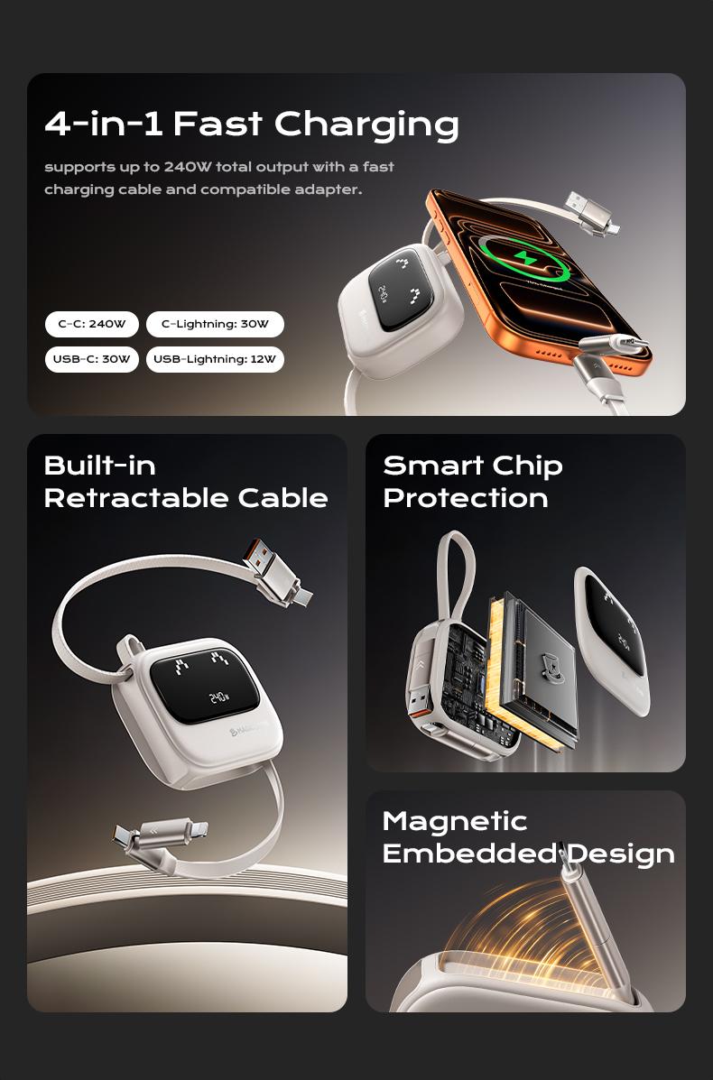 MAGIC JOHN 4-in-1 Retractable USB Charging Cable – 240W Fast Charging & Data Sync | Compatible with iPhone & Android | Retractable CarPlay Cable
