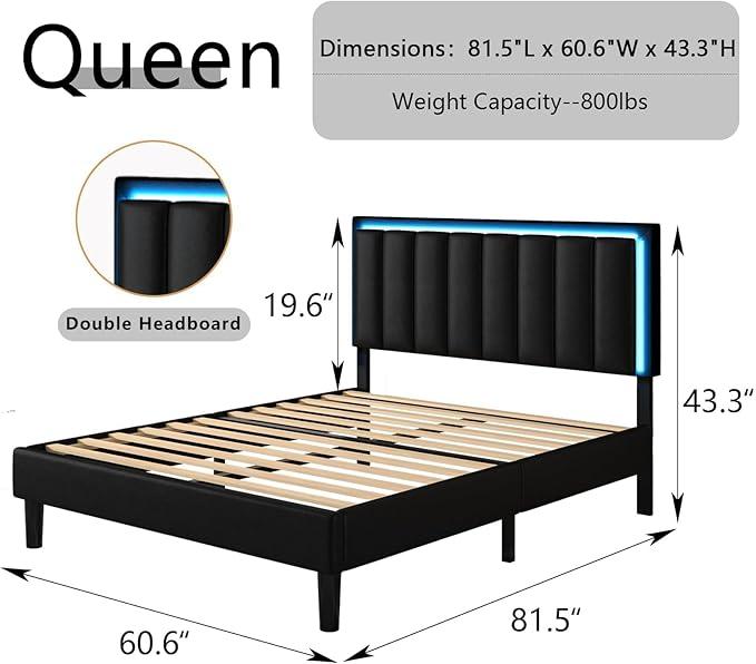 HOMBCK Upholstered Modern Bed Frame, LED Lights, No mattress, PU Leather Headboard, Wood and Metal Slats Support, Noise Free, No Box Spring Needed