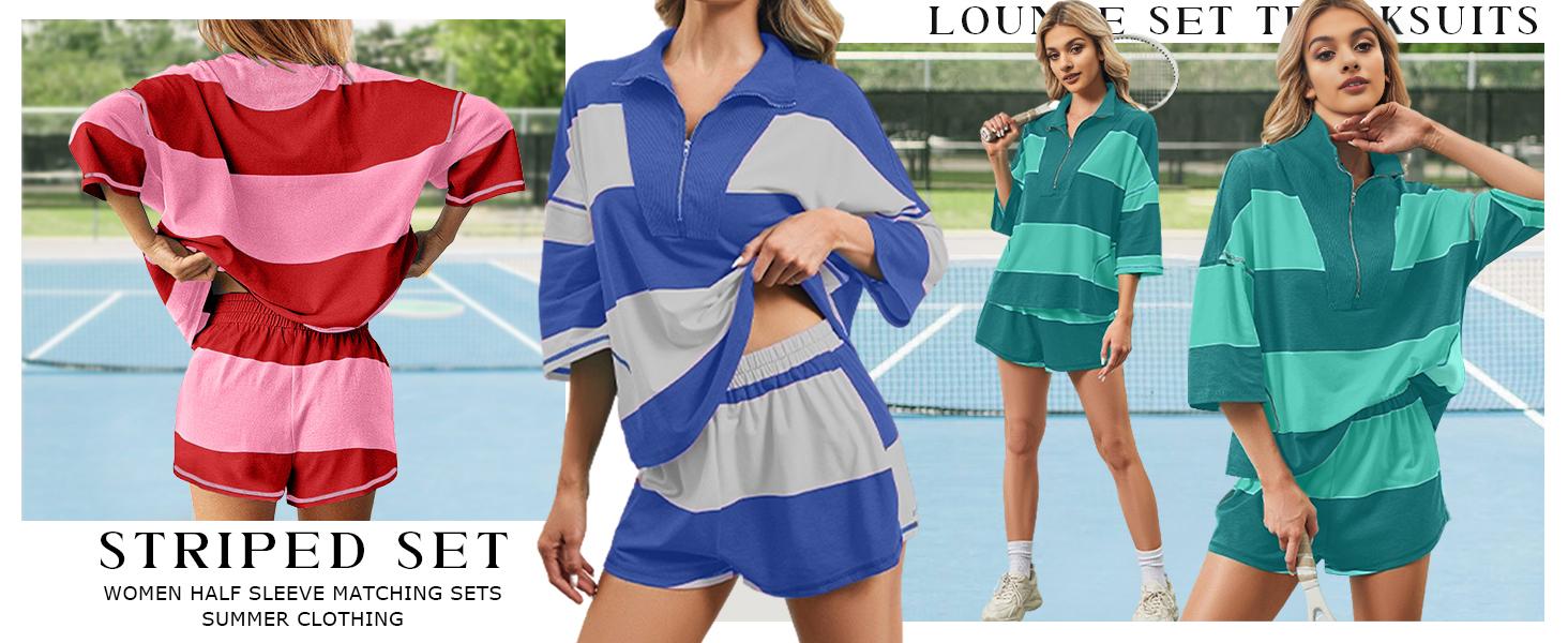Molitree Women Striped Workout Set Two Piece Outfit Tracksuit Oversized Lounge Set Top and Shorts Sets with Pockets Molitree Women Striped Workout Set Two Piece Outfit Tracksuit Oversized Lounge Set Top and Shorts Sets with Pockets