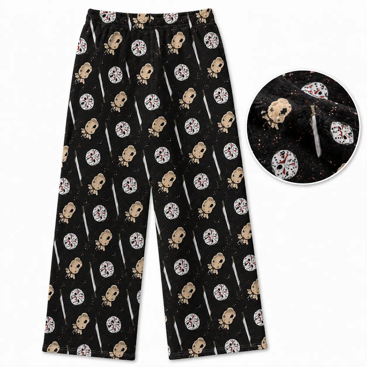 Horror Slasher Pajama Pants for Men & Women, Scary Mask Knife Print Lounge Pants, Cozy Wide Leg Halloween Sleepwear, Spooky Horror Movie Inspired Matching Pajamas
