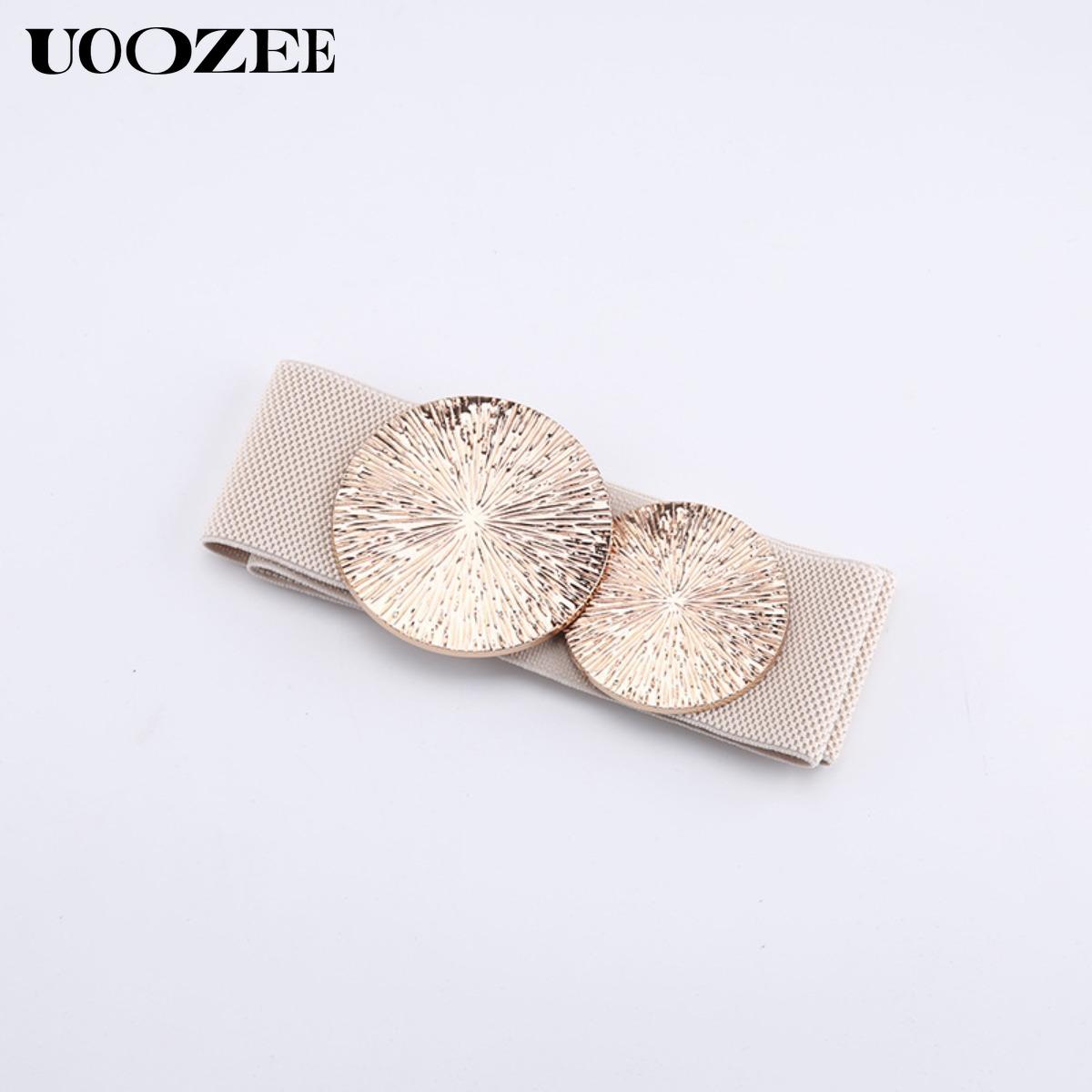 Women's Leopard Print & Gold Circle Belt 2.35 Inch Wide Elastic Waistband for Coats Dresses Suits 27 Inch Length 27-31.5 Inch Waist Circumference Modern Fashion Accessory