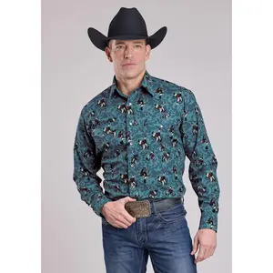 Mens Long Sleeve Snap Brushstroke Cowboys Print Western Shirt