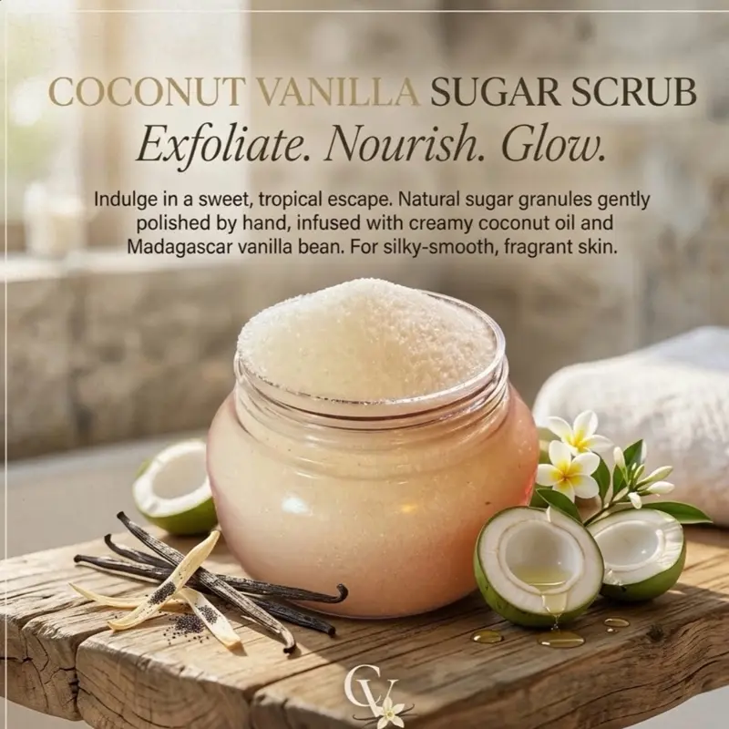 Foaming Coconut Vanilla Sugar Body Scrub,         Smooth Daily Cleanser Cosmetic with Natural Ingredient Blend for Bath & Body Care