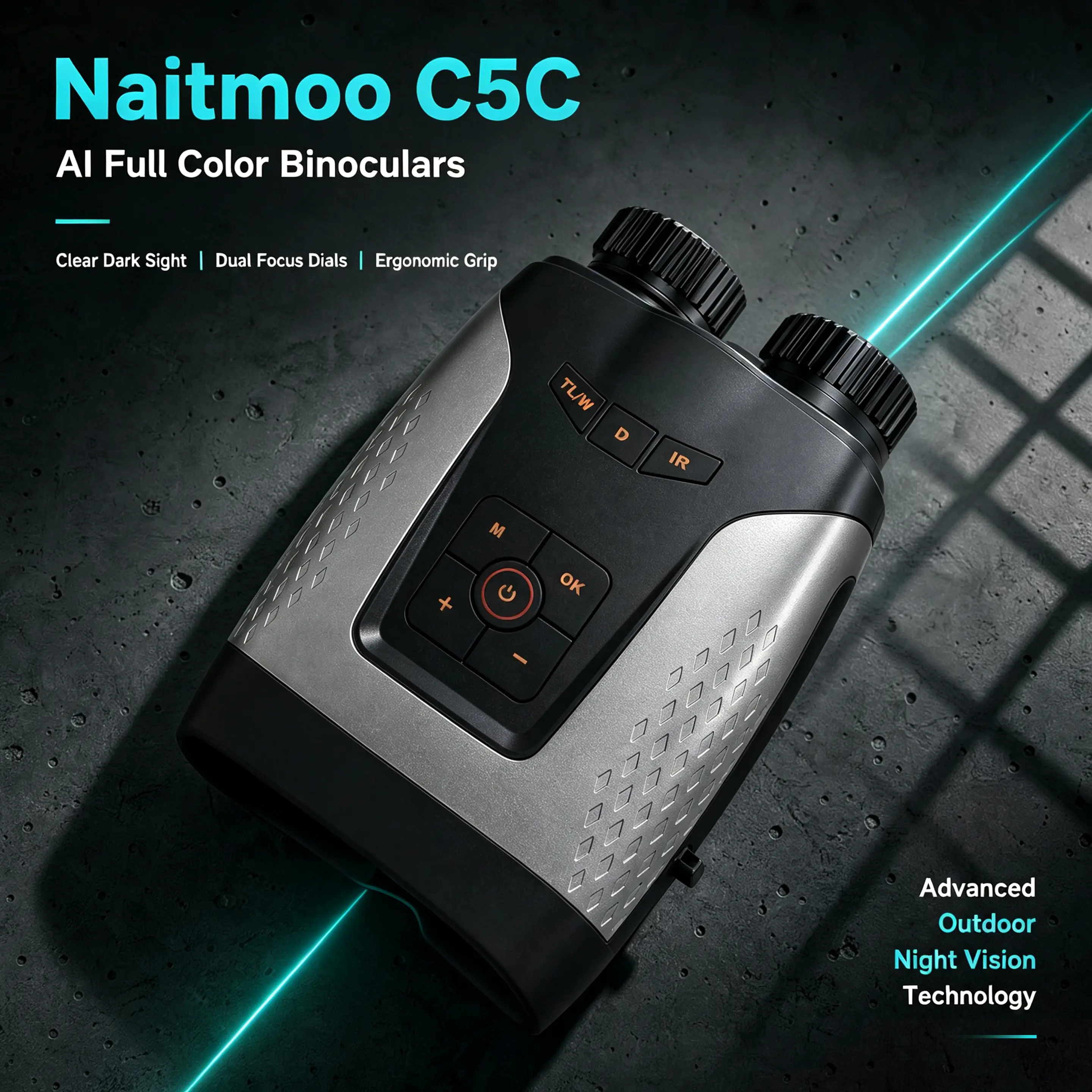 AI Full Color Night Vision Binoculars Naitmoo C5C | Built-in 600m Laser Rangefinder, Dual Color/Infrared Mode, Rechargeable Night Vision Goggles for Outdoor Observation