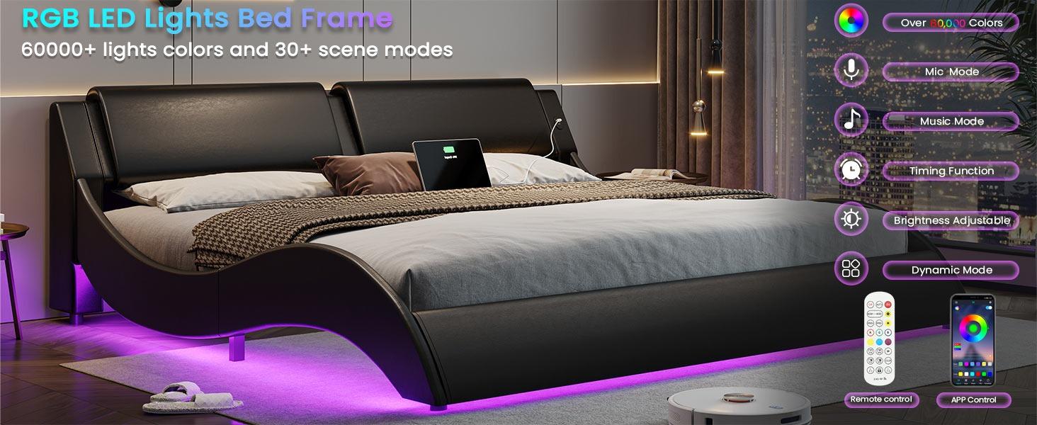 Sikaic Wave Like Curve LED Lighting Platform Bedframe with Charging Ports and Headboard Black Unique Bedroom Furniture Upholstered Modern Cama App Control Remote Control