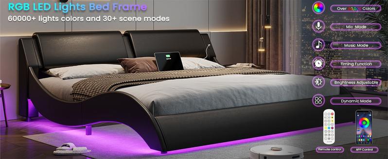 Sikaic Wave Like Curve LED Lighting Platform Bedframe with Charging Ports and Headboard Black Unique Bedroom Furniture Upholstered Modern Cama App Control Remote Control