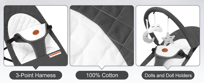 Baby Bouncer Portable Rocker for 4-18 Months with 3 Modes & Removable Toys Ergonomic Cotton Fabric Safe Adjustable Harness Lightweight Foldable for Home & Outdoor Use - Swing Trainer