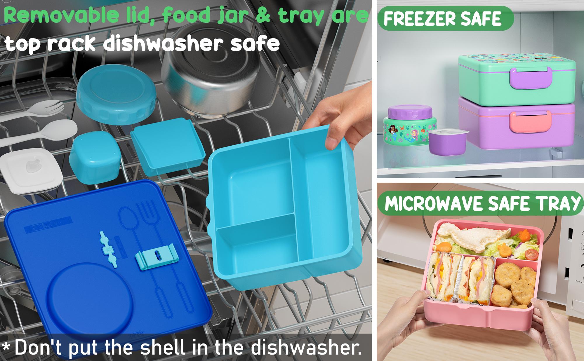 Fimibuke Bento Lunch Box , 3-4 Compartment 60OZ Toddler Lunch Box Container with Leakproof 8OZ Insulated Food Jar, Sauce Jar, Utensil for School, BPA-Free Dishwasher Safe,Funny Patterns,Back to school gift