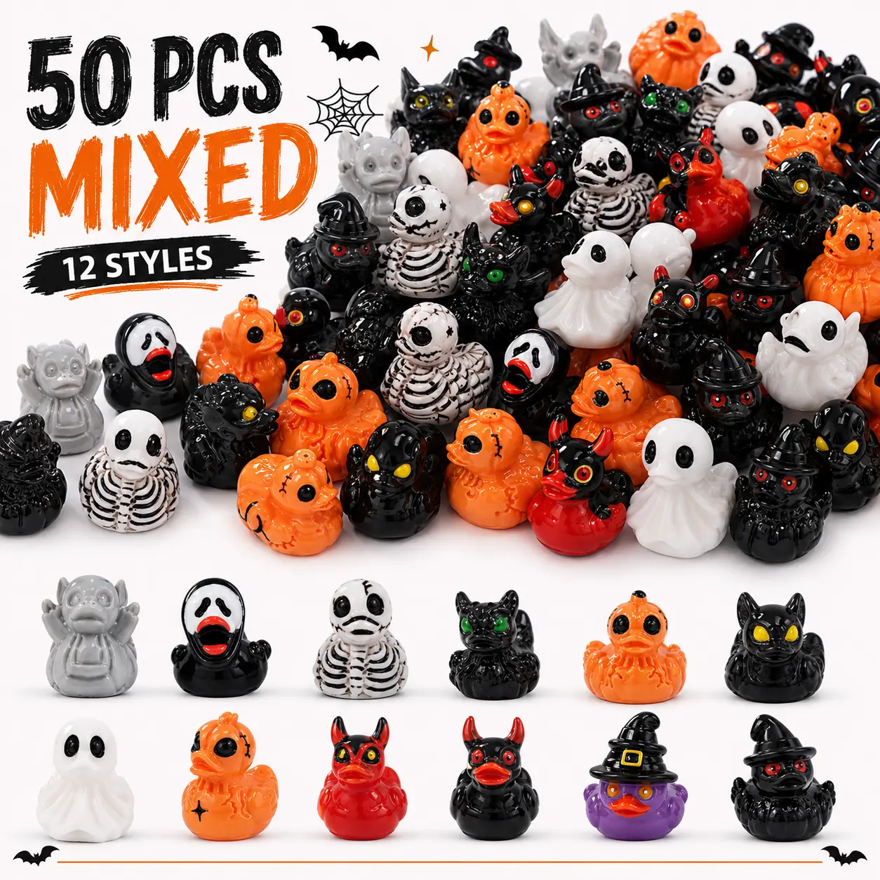 50/100pcs Mini Ghost Devil  Skull Resin Ducks, Cute Spooky Desktop Decor, Creative Desktop Ornament, Mini Garden Ornament, Home Decor Ornament, Halloween Christmas Decoration, Party Gift, Decorative Piece, Decorative Ornaments