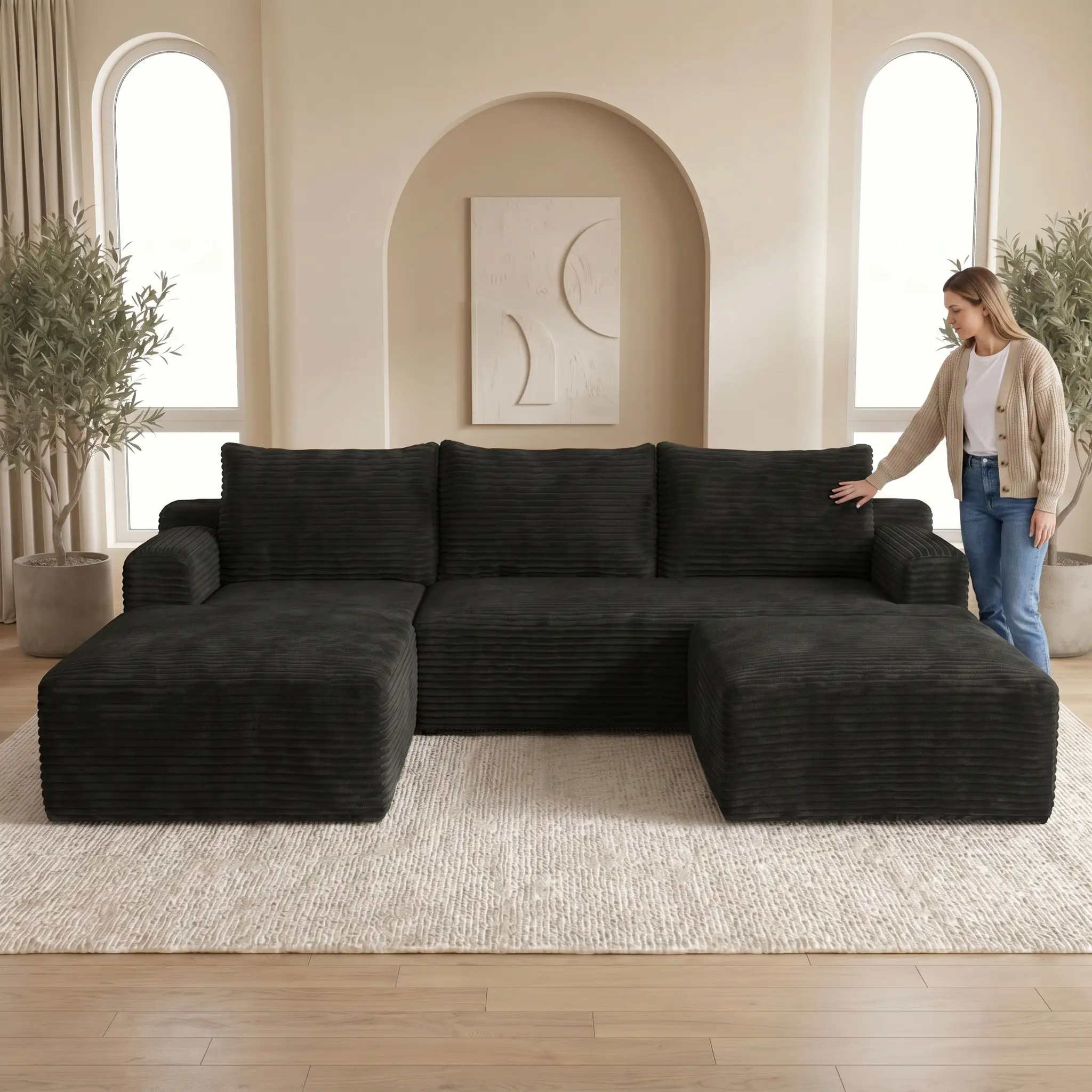 【Summer Vibes】95.2" Chaise Lounge cloud sectional Sofa with L-shaped chaise and ottoman, modular corduroy sofa, convertible double sofa bed, no assembly required