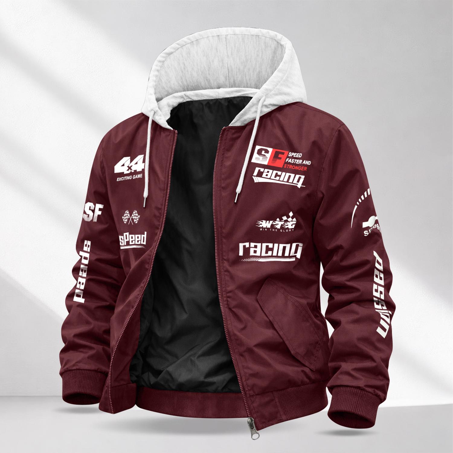 Men’s Letter Print Casual Jacket — Drapey, Wrinkle-Resistant fabric ; Color-Blocked Design with Hood and Drawstring; Retro Racing Style; Perfect for Going Out, Commuting, and Dates; A Stylish, Versatile Outerwear Piece