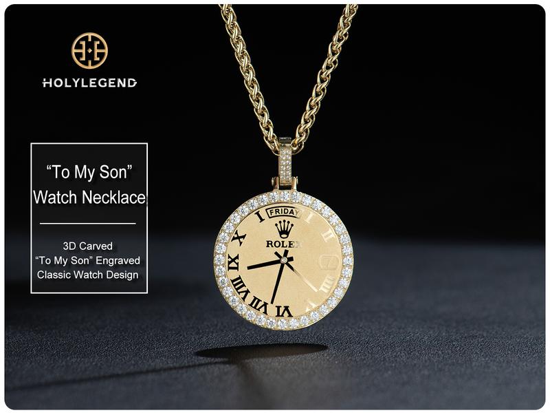 Holylegend 14K Real Gold Plated Watch Pendant Necklace with “To My Son” Engraving, CZ Accented Classic Timepiece Design, Meaningful Gift from Parents to Son