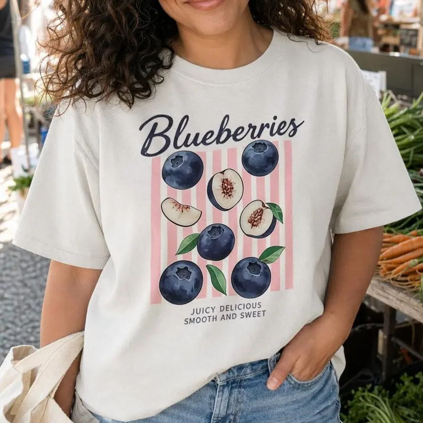 Vintage Blueberry Fruit Shirt Women Plus Size Farmers Market Graphic Tee