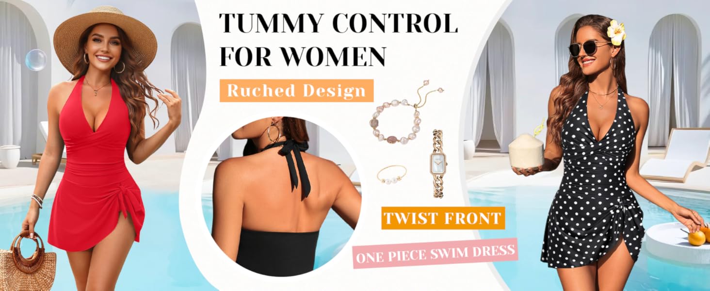 Tempt Me Women One Piece Swim Dress Tummy Control Ruched Swimsuit with Skirt Sexy Wrap Bathing Suit