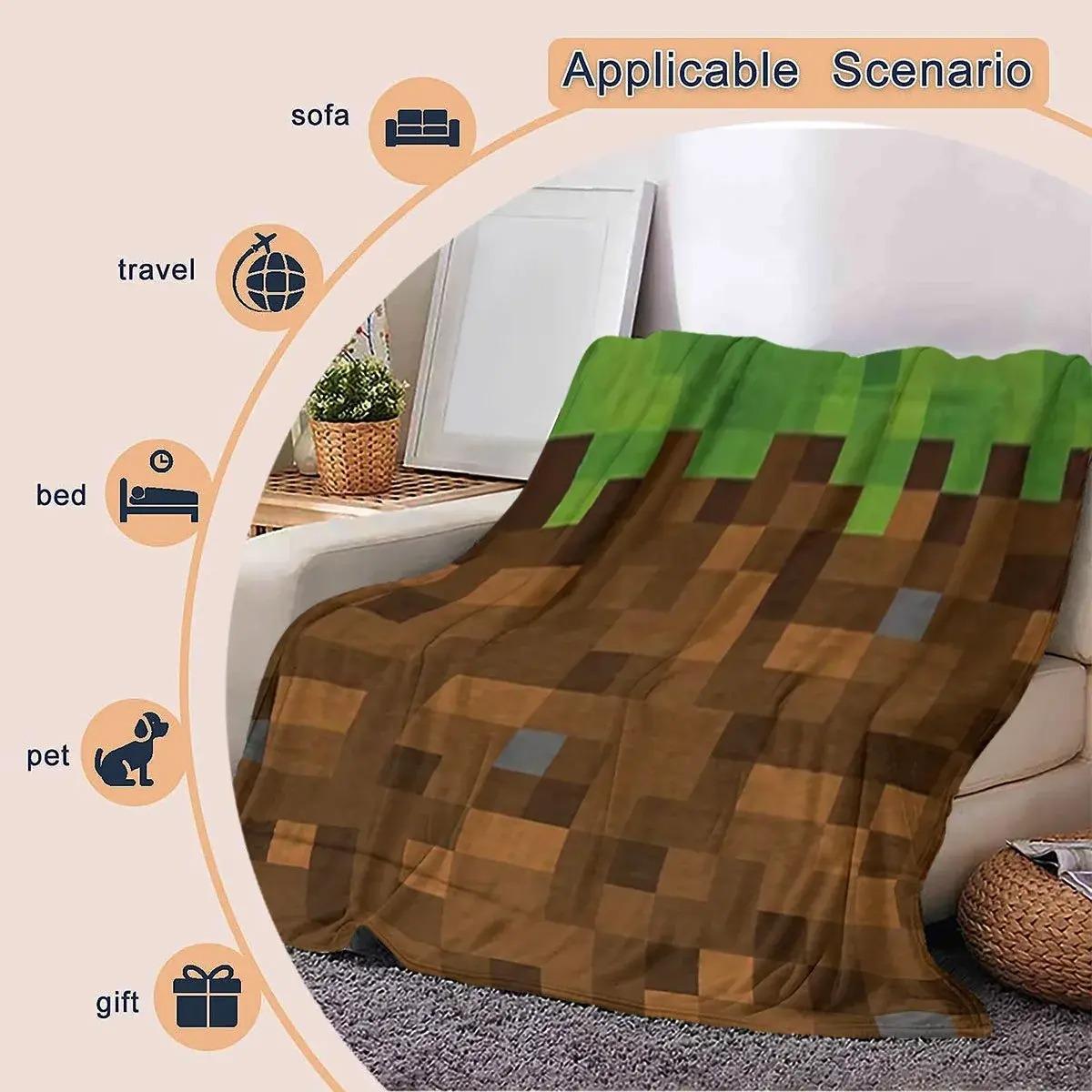 Pixel Grass Block Flannel Throw Blanket, Soft Cozy Gaming Fleece Blanket, Minecraft Style Gamer Room Decor for Bed Sofa Couch Dorm, Unique Birthday Christmas Gift For Gamers Kids Boys Teens