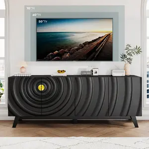 FREDEES TV Stand with 2 Storage Cabinet for Living Room, Large Entertainment Center with Wave-Patterned Design, Console Table with Ajustable Shelf for 55"-75" TV for Furniture Set-Black