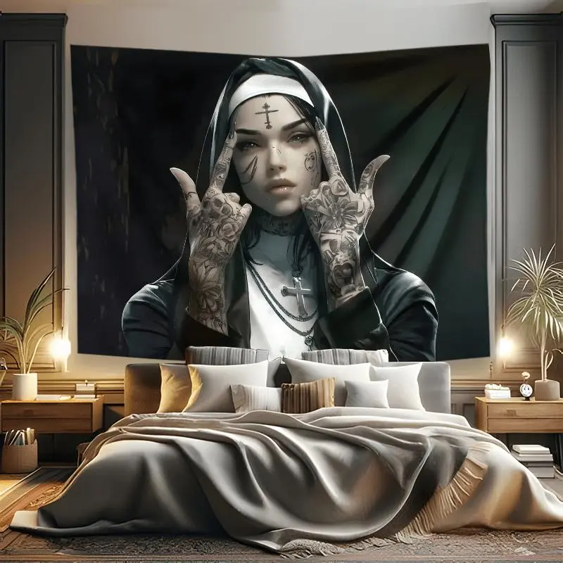 Gothic Nun Print Tapestry with Cross Tattoo Design, Polyester Wall Hanging, Aesthetic Bedroom & Living Room Home Decor