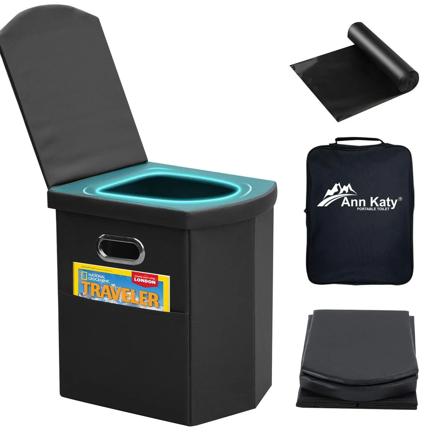 Ann Katy Portable Toilet, XL Leather Foldable Travel Potty for Adults, 16.1" Tall Comfort Height, Supports 440 lbs for Camping with Waterproof Storage Bag, Camping Gear, Outdoor Camping Toilet