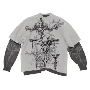 2000s American Skull Pattern Long sleeved T shirt Fashion Round Neck Oversized T shirt Mens Casual Gothic Clothing Tops