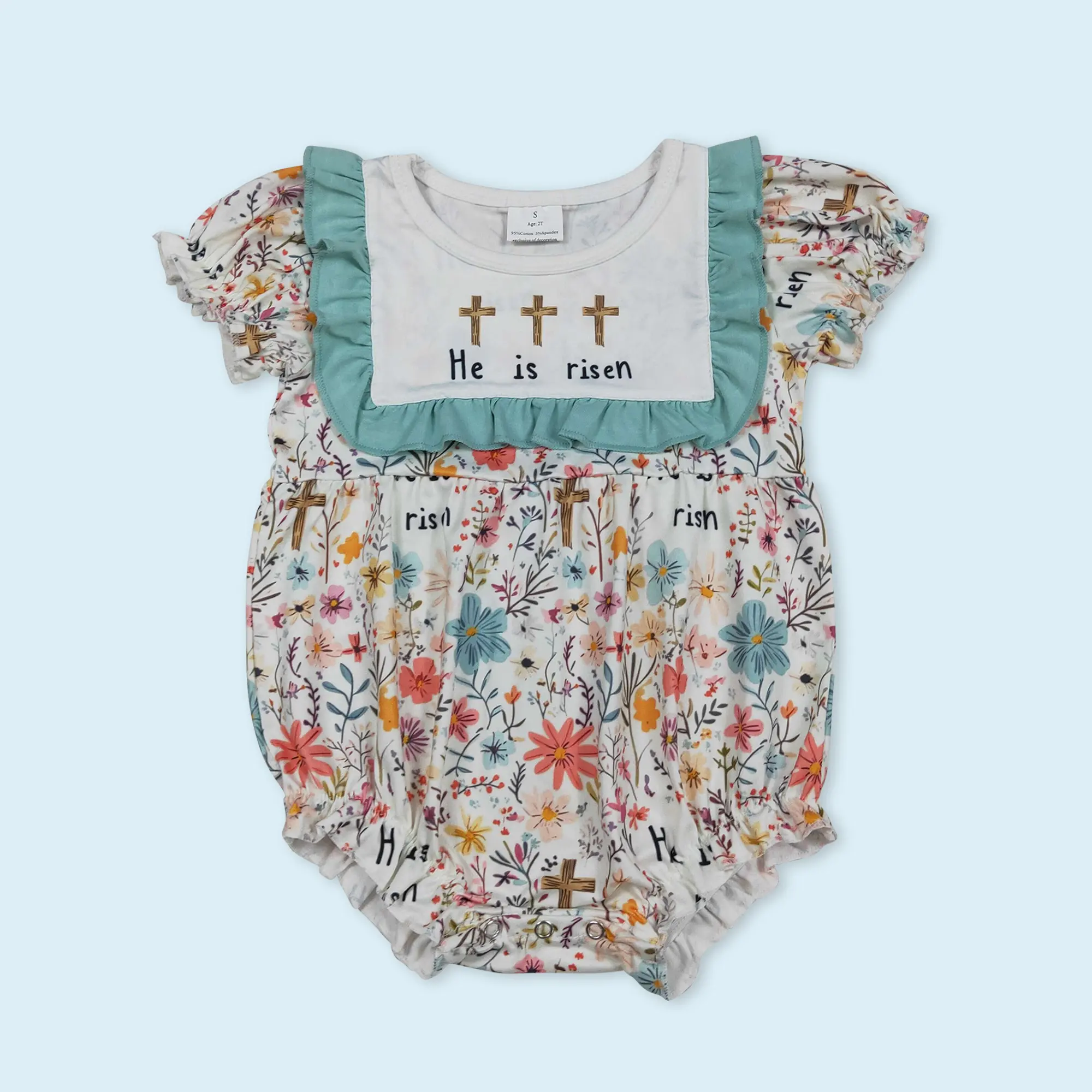 He is risen Easter cross flowers romper