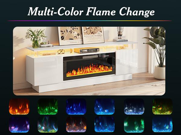 PUKAMI 70" Modern Fireplace TV Stand with 36" Electric Fireplace for TVs Up to 80 inch, Luxury LED Light Entertainment Center with High Gloss Cabinet (White, 70" (8 Acrylic Posts))