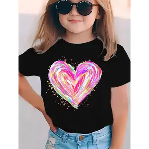 Valentine's Day Summer Fashion Girls Short Sleeve T-Shirt Colorful Heart Cartoon Pattern Print Casual Versatile Top Breathable