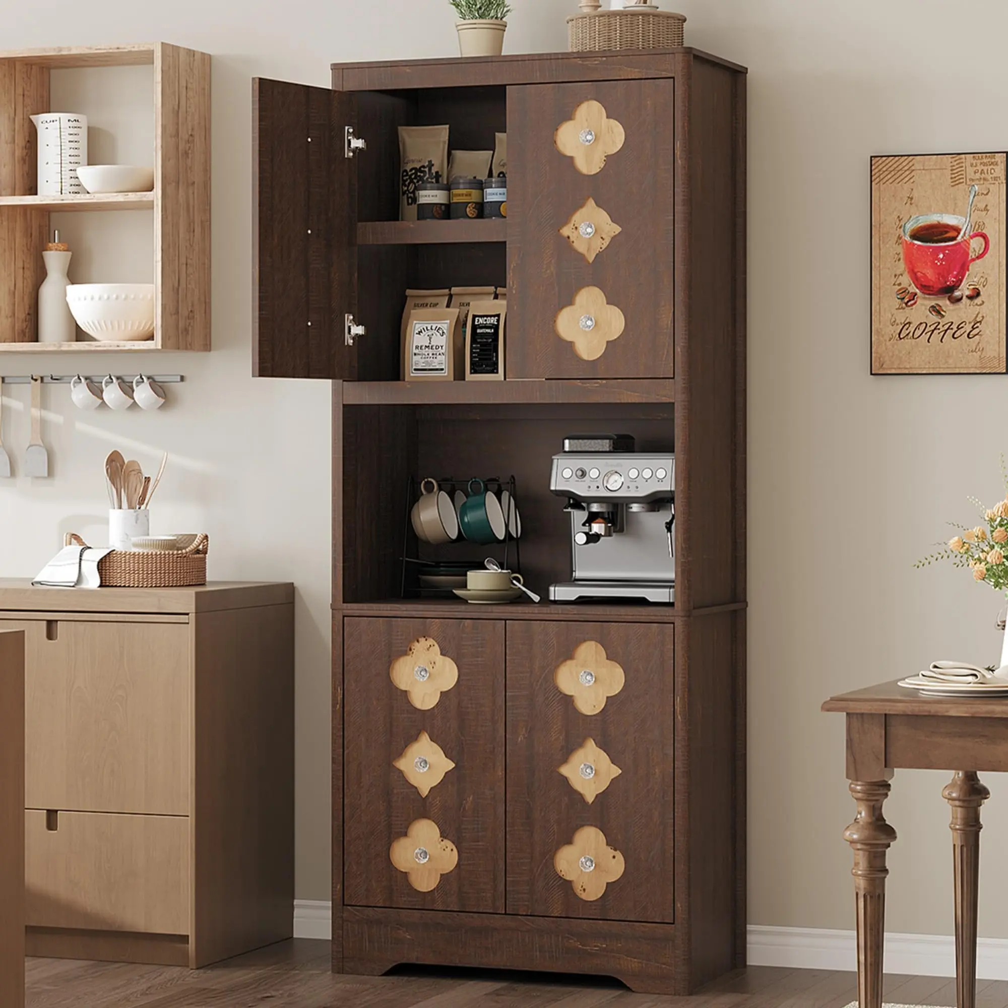 Garvee Kitchen Pantry Cabinet, 72" Tall Storage Cabinet with Open Shelves for Microwave, Freestanding Wooden Cupboard with Carved Door & Crystal Handle, for Dining Room, Living Room, Reddish Brown