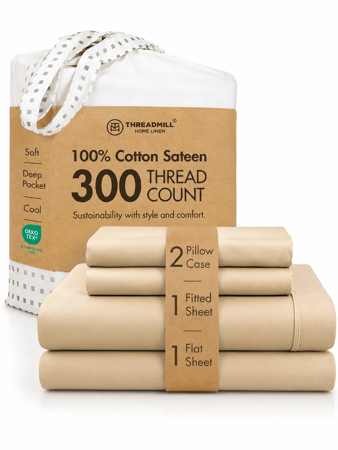Threadmill Home Linen 100% Cotton 300TC Plain Sheet & Pillowcase Set - Cool Soft Sheets, Soft Comfy Bedding, Securefit Stays Put, Jacquard Smooth, Elegant Jacquard Adds Bedroom Polish, Breathable Durable Home Bedroom Linens